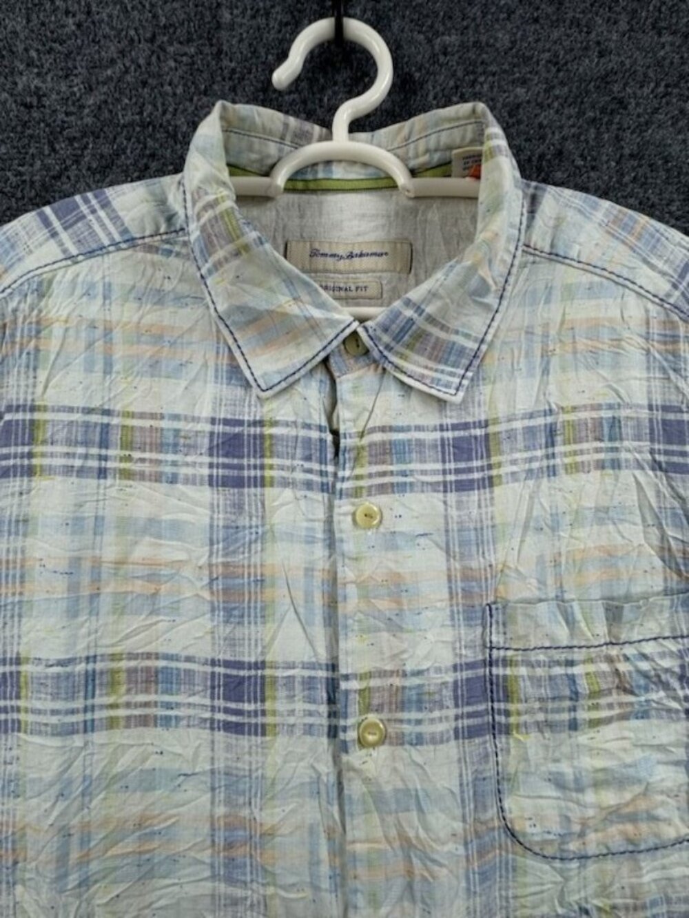 Tommy Bahama Short Sleeve Plaid Large Silk Point Beach Pocket Shirt Button Up